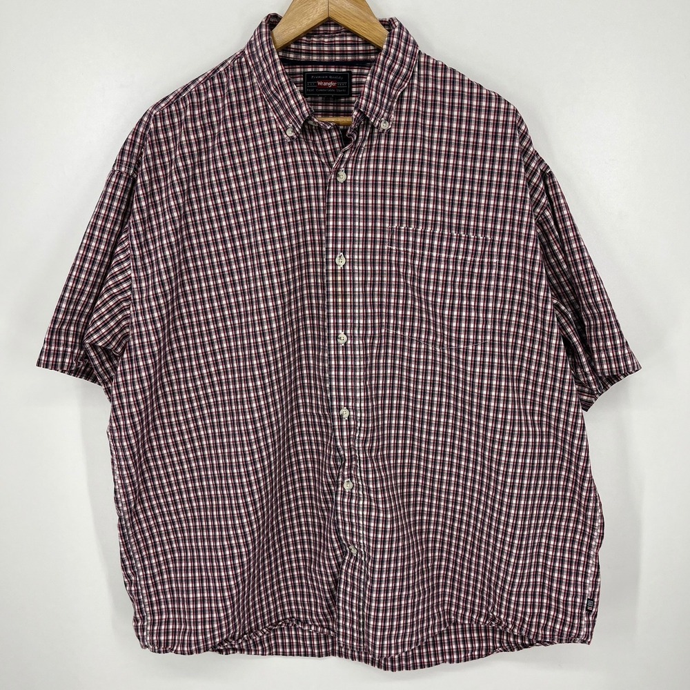 Wrangler Mens XL Short Sleeve Plaid Button Down Shirt Red White Navy Cotton